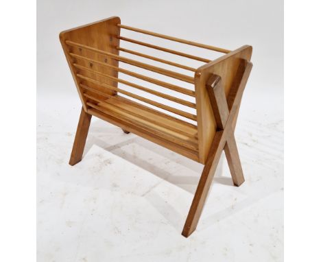 Mid-century teak magazine rack&nbsp;with horizontal turned spindle sides, on a X-frame supports, 42cm high x 48cm wide x 29cm