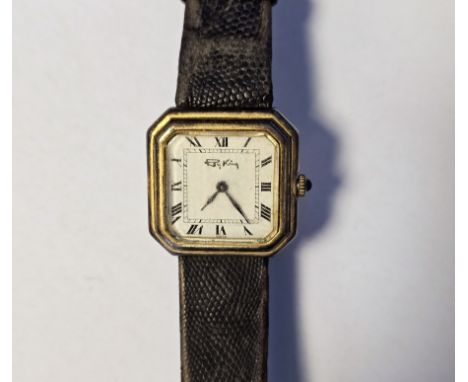 Lady's 1970's Roy King silver-gilt wristwatch&nbsp;with square dial, having roman numerals, chamfered corners, cabochon sapph