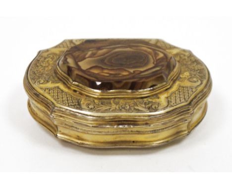 Continental gilt-metal and hardstone mounted cartouche-shaped snuff-box, circa 1770, the cover mounted with a raised marbled 