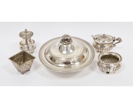 Sterling silver three-piece cruet set comprising a salt, pepper and mustard pot, each having a gadrooned edge over a part flu