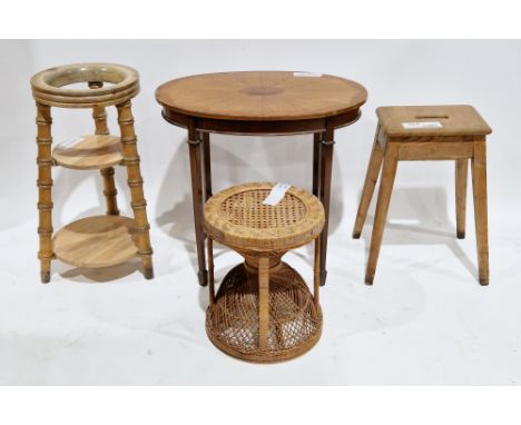 Collection of three items of furniture including a mid-century wicker stool of circular form, 45cm high x 38cm diameter, a pi
