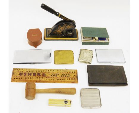 Mixed lot of collectables including 19th century cast iron stamp press, three Art Deco cigarette cases, two further cigarette