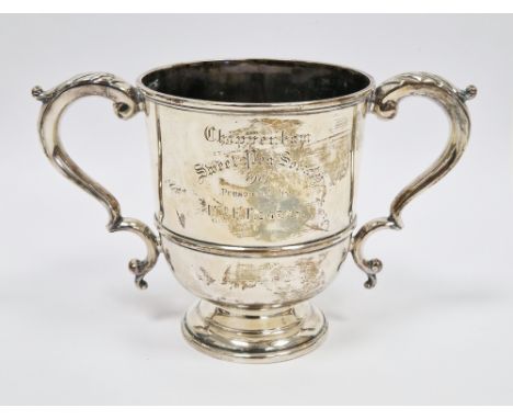 George V silver twin-handled trophy, Sheffield 1912, Atkin Brothers, of cylindrical baluster form with two leaf cap scrolling
