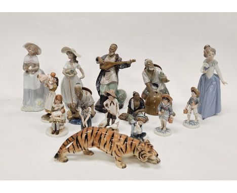 Four Chinese mudman figures&nbsp;including one playing a mandolin and another seated fishing, tallest 23cm high, seven Royal 