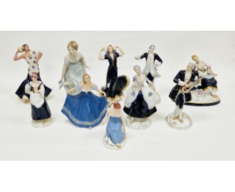 Group of Royal Dux figures, circa 1920 and later, applied pink pad marks, printed and impressed marks, various shape numbers,