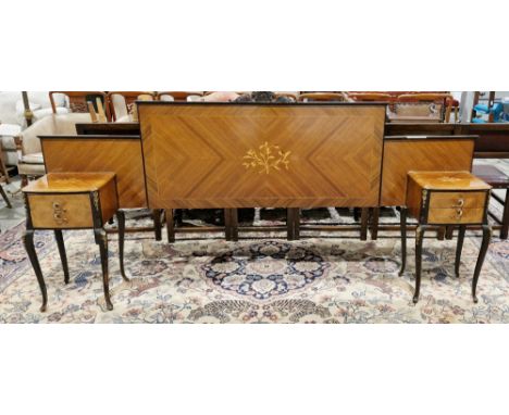 Pair of French kingwood veneered and ebonised bedside cabinets&nbsp;with attached headboards, the tops with marquetry inlaid 