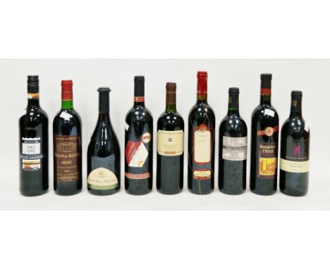 Nine bottled of assorted red wine to include Grand Vin de Bordeaux Pavillo de Bellevue Medoc 1989, Baturrica Tarragona 2000 G