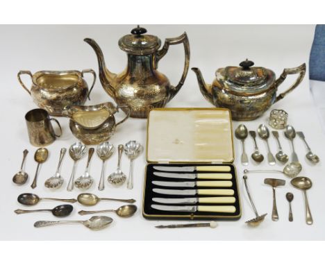 Silver plate four-piece tea service, the teapot and coffee pot with ebony finials, having engraved decoration and a cased set