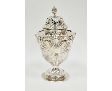 Edward VII silver sugar shaker, Birmingham 1905, Elkington &amp; Co Ltd, ornately cast, the domed pierced lid with leaf finia