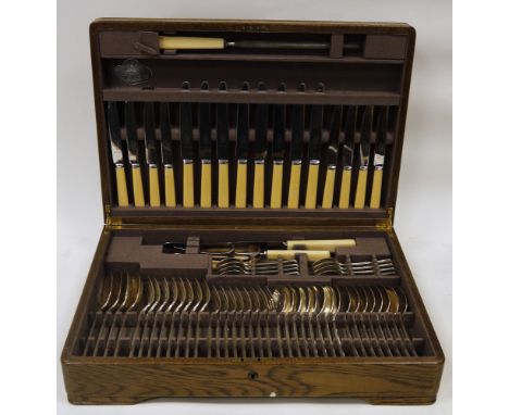 Early 20th century oak cased canteen of Mappin &amp; Webb silver plated cutlery, Art Deco Grecian pattern, eight place settin