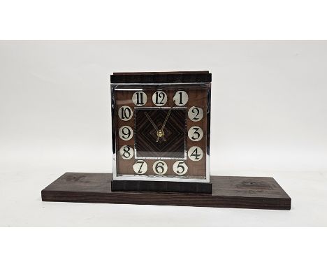 Art Deco mantel clock of square form in walnut and rosewood case with applied chrome numerals, the case with Asprey Ltd label