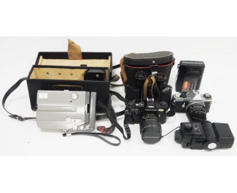 Collection of cameras and accessories including Pentax ME super camera, Pentax Super A camera, Samyang cased lens no.910812, 