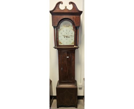 18th century mahogany and inlaid cased eight-day longcase clock&nbsp;with painted broken arch dial decorated with exotic flow