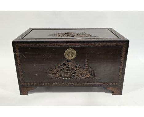 Mid-century South East Asian camphorwood blanket box, the hinged lid opening to a sliding tray, the top and front panel with 