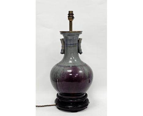 Chinese baluster flambe glazed vase adapted as a lamp, Qing Dynasty, with reeded neck, applied with two simulated bamboo hand