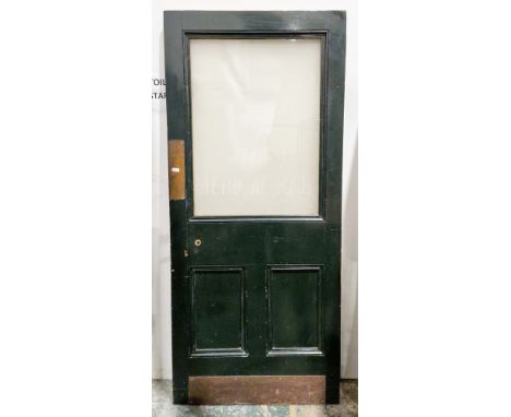 Victorian mahogany chemist shop advertising door, the partially opaque glazed door etched with a pestle and mortar and the te