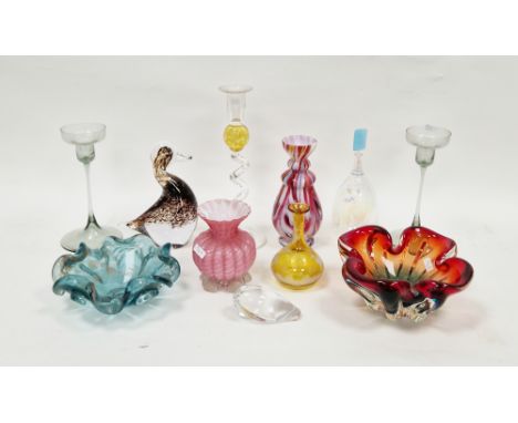 Bob Crooks First Glass amber-colour ball candlestick&nbsp;on clear spiral stem, etched signature and First Glass to base, 25.