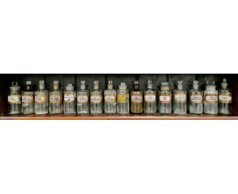 Sixteen various small early 20th century 'label under glass' apothecary bottles and stoppers, each of cylindrical form with a