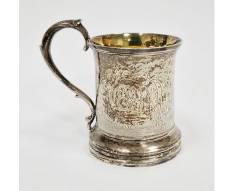 Victorian silver engraved mug, hallmarked London, 1851, makers marks for Charles Reily &amp; George Storer, stamped 275, with