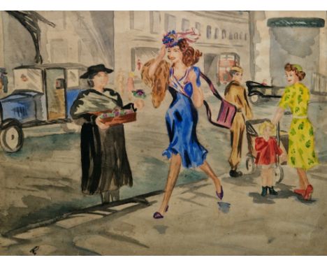 1930's English school Watercolour drawing  Street scene with woman in fox fur stole and a flower seller, 22cm x 29cm 