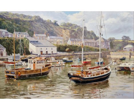 Nancy Bailey (1913-2012) Oil on canvas "Porthleven Harbour", harbour scene with moored fishing boats and dwellings, signed lo