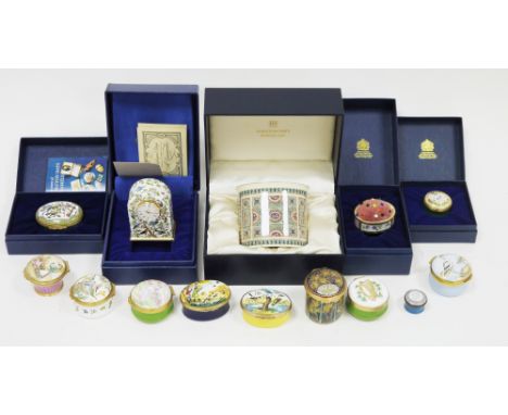 Collection of Halcyon Days enamels&nbsp;including a cased miniature clock, 6cm high, a cased Victorian flowers pincushion, tw