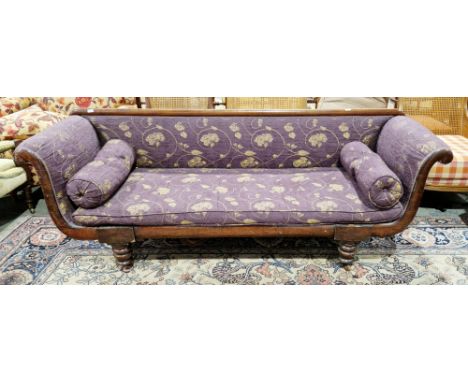 Regency carved mahogany double scroll end sofa&nbsp;with straight back rail, contemporary purple upholstery with foliate scro