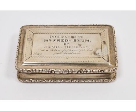 Victorian silver rectangular snuff box, hallmarked Birmingham, 1839, makers marks for&nbsp;Nathaniel Mills, the cover engrave