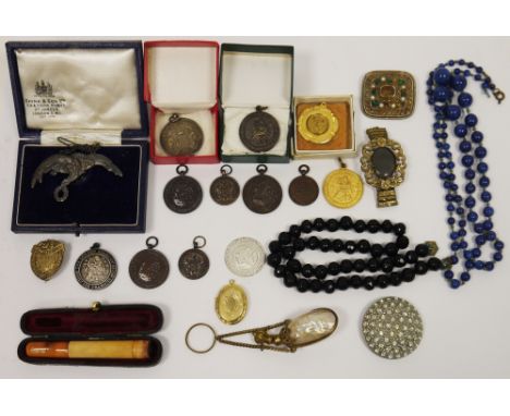 Collection of bronze medals, costume jewellery and other items including approx. six bronze medals dating around the mid 20th