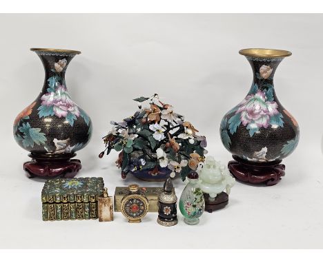 Pair of modern Chinese bottle-shaped cloisonne vases&nbsp;decorated with flowering peony, on wooden stands, 23cm high excludi