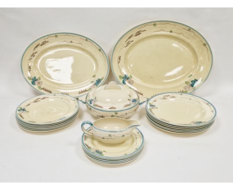 Clarice Cliff Wilkinson Art Deco part dinner service, printed black and impressed marks, printed and painted with blue and gr