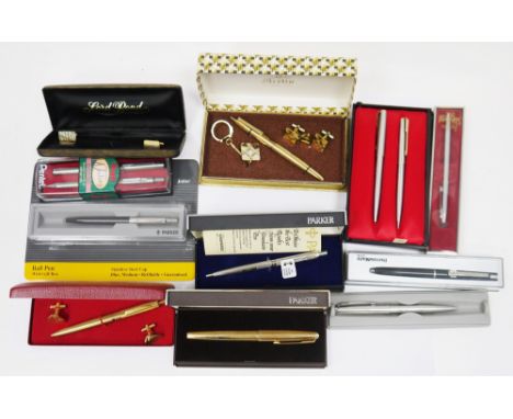 Collection of pens including a cased Parker gold tone cased fountain pen, a cased Parker ballpoint pen and propelling pencil 