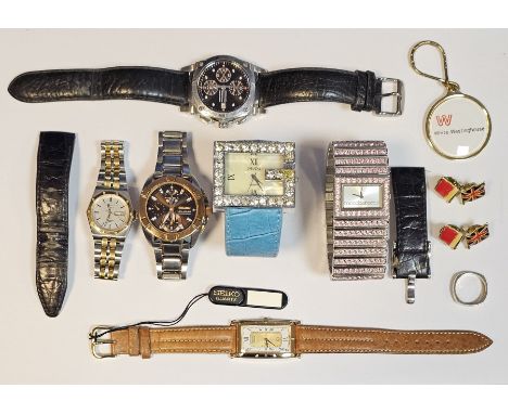 Collection of assorted wristwatches including a Seiko Sportura strap watch, a Seiko Velatura bracelet watch, a lady's Rocco B