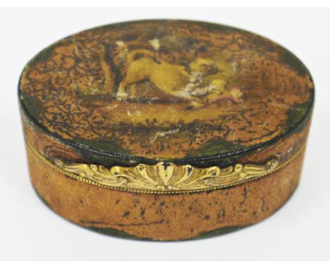 French vernis martin, papier-mache and gilt-metal mounted oval snuff-box, mid-late 18th century, the cover painted with a pug