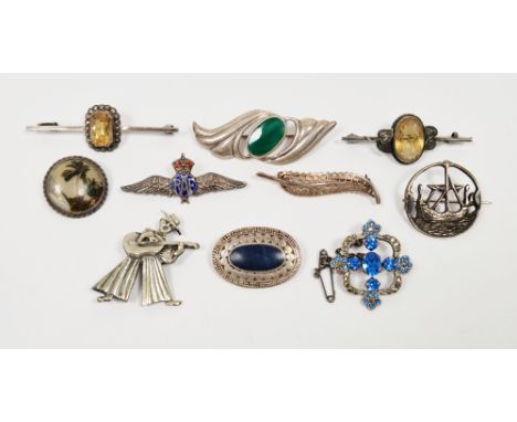 Collection of ten silver brooches including RAF enamelled sweetheart brooch, brooch in the form of a Spanish guitar player, b