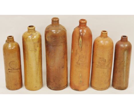 Collection of 19th century German and Dutch brown stoneware mineral water bottles, variously inscribed for Erventlucasbols He