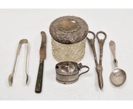Edwardian silver-topped cut-glass jar, a pair of Victorian grape scissors, a Georgian silver bladed knife, a small Mappin &am