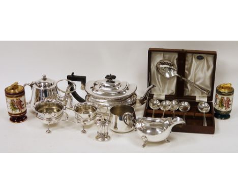 Mixed lot of silver plate including a cream jug and sugar bowl on a stand, a cased fruit spoon set awarded as a presentation 