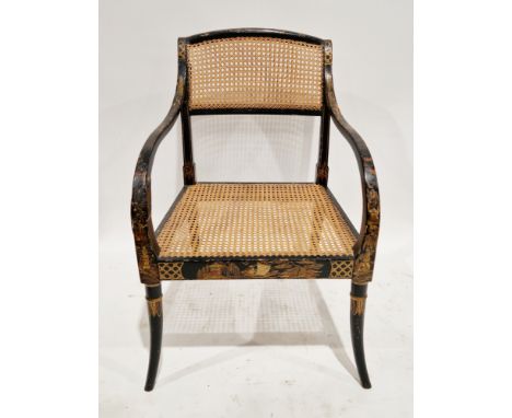 Regency elbow chair with chinoiserie decoration on a black ground, bergere cane back panel and seat, on front turned splayed 