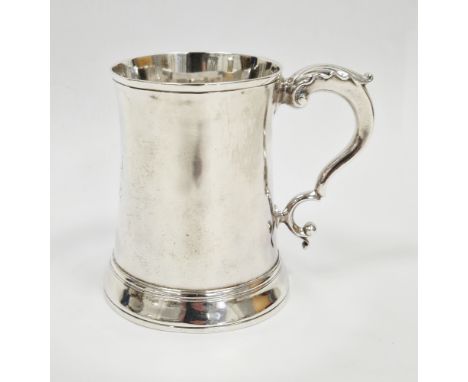 George III silver tankard, London 1783, Benjamin Mountigue, of plain tapered form, engraved with initials, leaf capped scroll