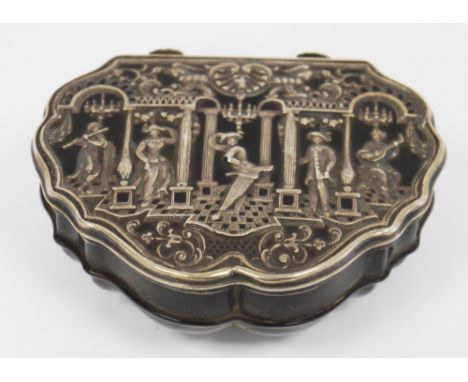 Tortoiseshell and silver pique mounted bombe-shaped snuff-box, 18th century, the cover pierced and applied with commedia dell