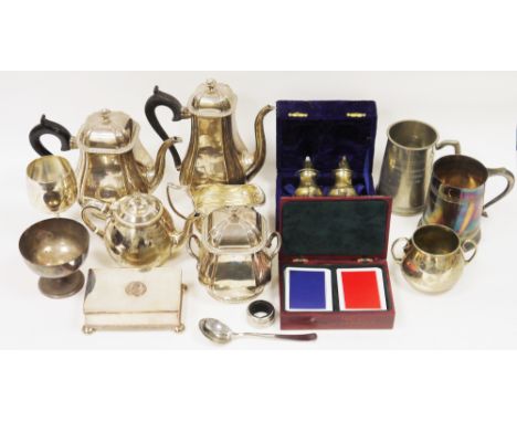 Mixed lot of silver plate and metalware&nbsp;including an early 20th century four-piece tea service, the tea and coffee pot w