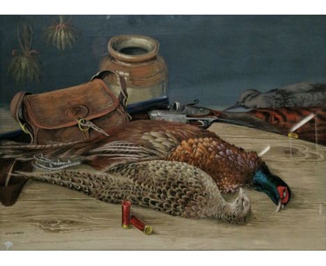 E.M. Hiteshi (20th century) Gouache on paper Still life of two dead pheasants, shotgun and cartridge bag, signed lower left, 