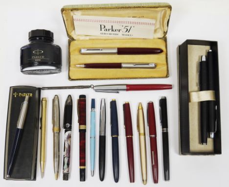 Collection of pens including a cased Parker 51 set comprising a fountain pen and a ballpoint pen, with leaflet, a boxed Parke