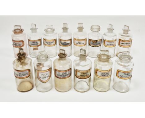 Fourteen early 20th century 'label under glass' apothecary bottles and 13 stoppers, each of cylindrical form with faceted rec