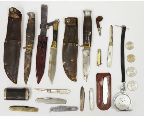 Two mother-of-pearl and silver bladed folding fruit knives&nbsp;and eight further folding fruit/pen knives, a miniature woode