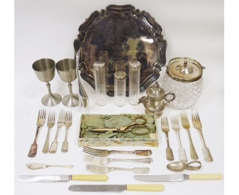 Mixed lot of silver plate and flatware&nbsp;including a circular salver, a French pot with lion head dispenser and spout, a c