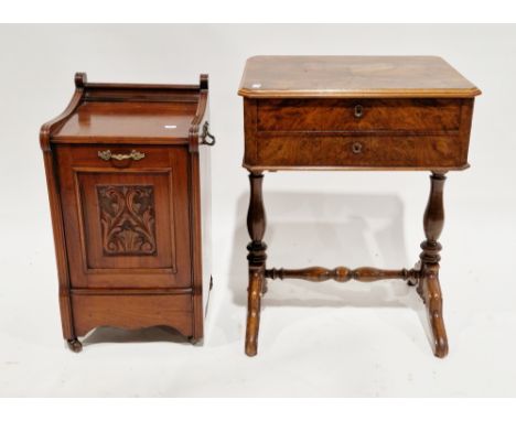 Victorian figured walnut work/sewing table, the hinged half-veneered lid opening to a fitted interior with single drawer and 