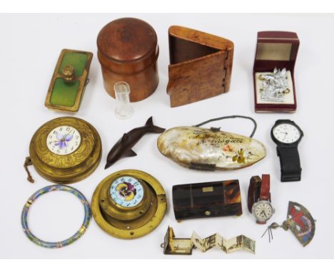 Mixed lot of collectables including 19th century tortoiseshell trinket box, burr walnut cigarette case, two clock movements w