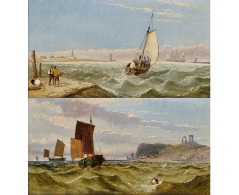 Late 19th/early 20th century Pair oil on canvas Coastal scenes with fishing boats and figures, indistinctly signed lower righ